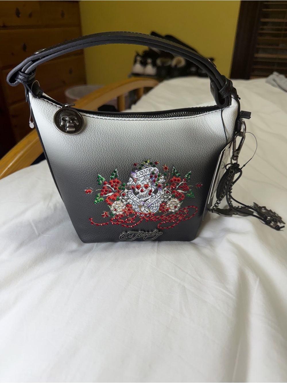 Ed Hardy Black and White Ombre Embellished Bucket Shoulder Bag